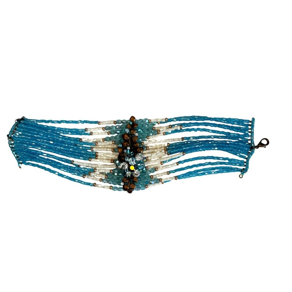 Title:Aqua Boho Wide Cuff Statement Bracelet Seed Beads Rhinestone Center Adjus - Picture 3 of 9